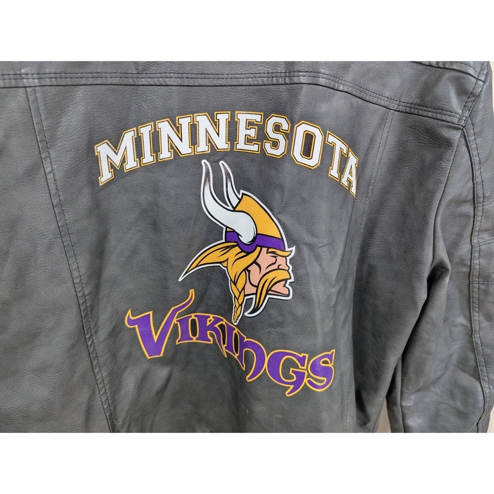 Minnesota Vikings NFL Faux Leather Moto Jacket Size Large Team Logos Zip Pockets - Picture 13 of 15